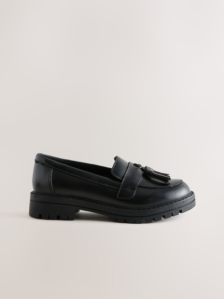 Black Matt Leather Standard Fit (F) School Chunky Tassel Loafers - Image 2 of 5 Black Matt Leather Standard Fit (F) School Chunky Tassel Loafers - Image 2 of 5