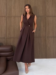 Girl In Mind Brown Cameron Collared Tailored Gold Button Shirt Dress - Image 1 of 5