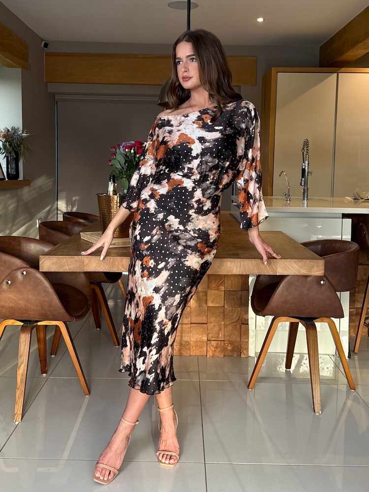 Girl In Mind Brown Leila Off the Shoulder Foiled Print Maxi Dress - Image 1 of 4 Girl In Mind Brown Leila Off the Shoulder Foiled Print Maxi Dress - Image 1 of 4