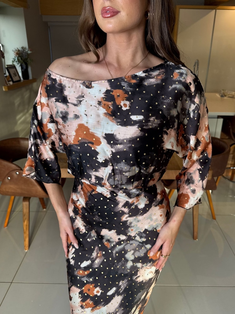 Girl In Mind Brown Leila Off the Shoulder Foiled Print Maxi Dress - Image 4 of 4 Girl In Mind Brown Leila Off the Shoulder Foiled Print Maxi Dress - Image 4 of 4