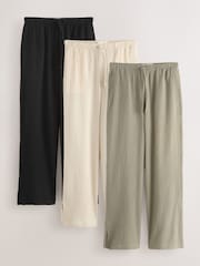 Black/Neutral/Khaki 3 Pack Textured Wide Leg Trousers With Linen - Image 1 of 10