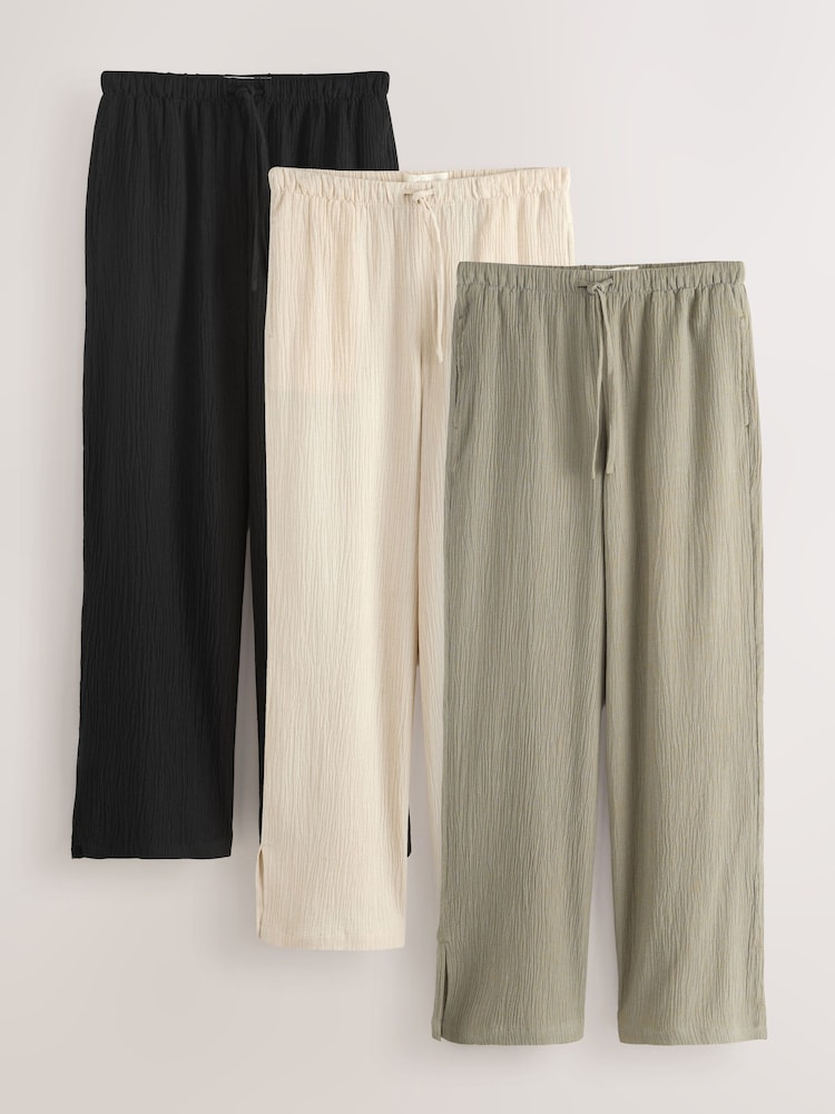 Black/Neutral/Khaki 3 Pack Textured Wide Leg Trousers With Linen - Image 1 of 10