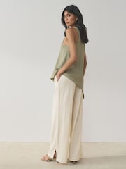 Black/Neutral/Khaki 3 Pack Textured Wide Leg Trousers With Linen - Image 4 of 10