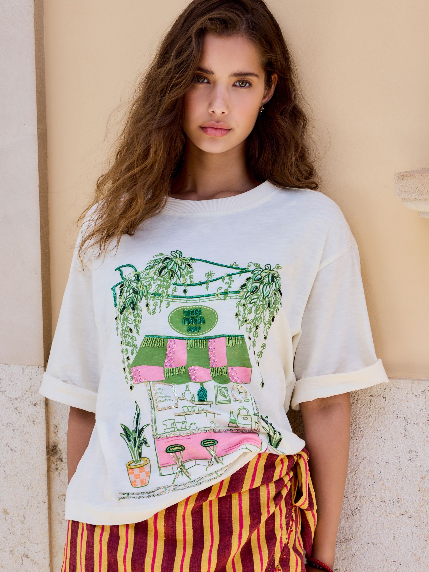 Buy Ecru Beaded Matcha Graphic Boxy Elbow Sleeve Crew Neck T-Shirt