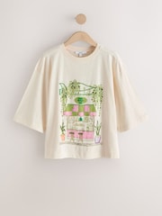 Ecru Beaded Matcha Graphic Boxy Short Sleeve Crew Neck T-Shirt - Image 1 of 3