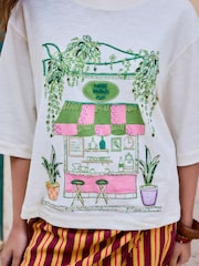 Ecru Beaded Matcha Graphic Boxy Elbow Sleeve Crew Neck T-Shirt - Image 4 of 7