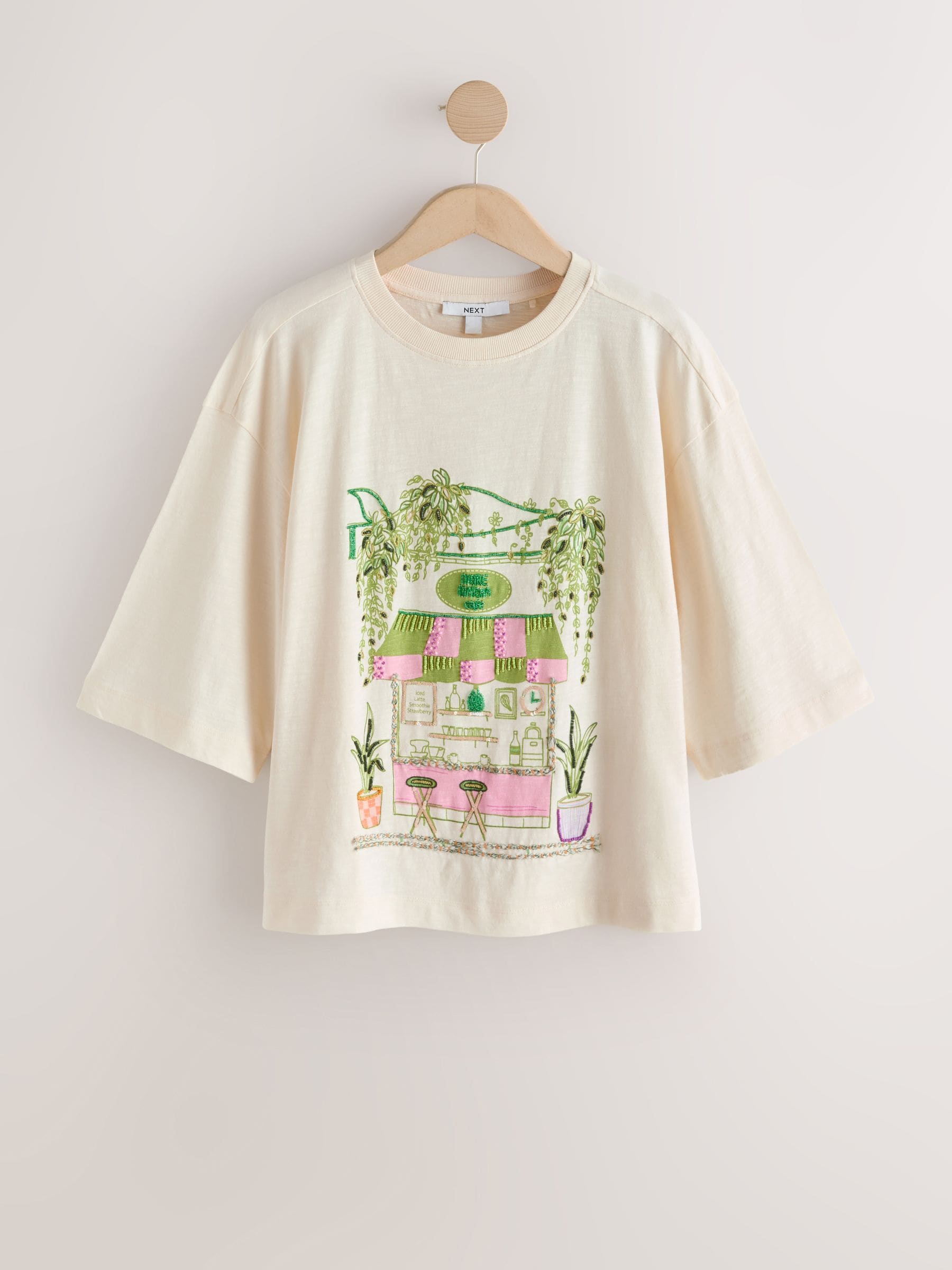 Buy Ecru Beaded Matcha Graphic Boxy Elbow Sleeve Crew Neck T-Shirt