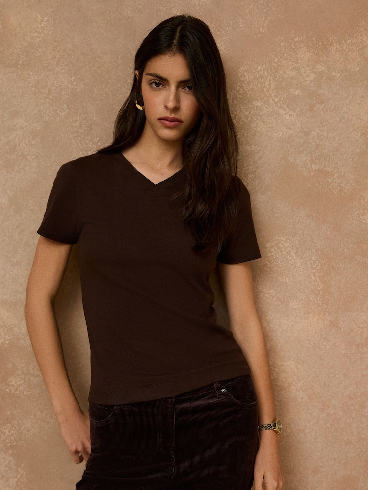 Chocolate Brown V-Neck Fitted T-Shirt - Image 1 of 8 Chocolate Brown V-Neck Fitted T-Shirt - Image 1 of 8