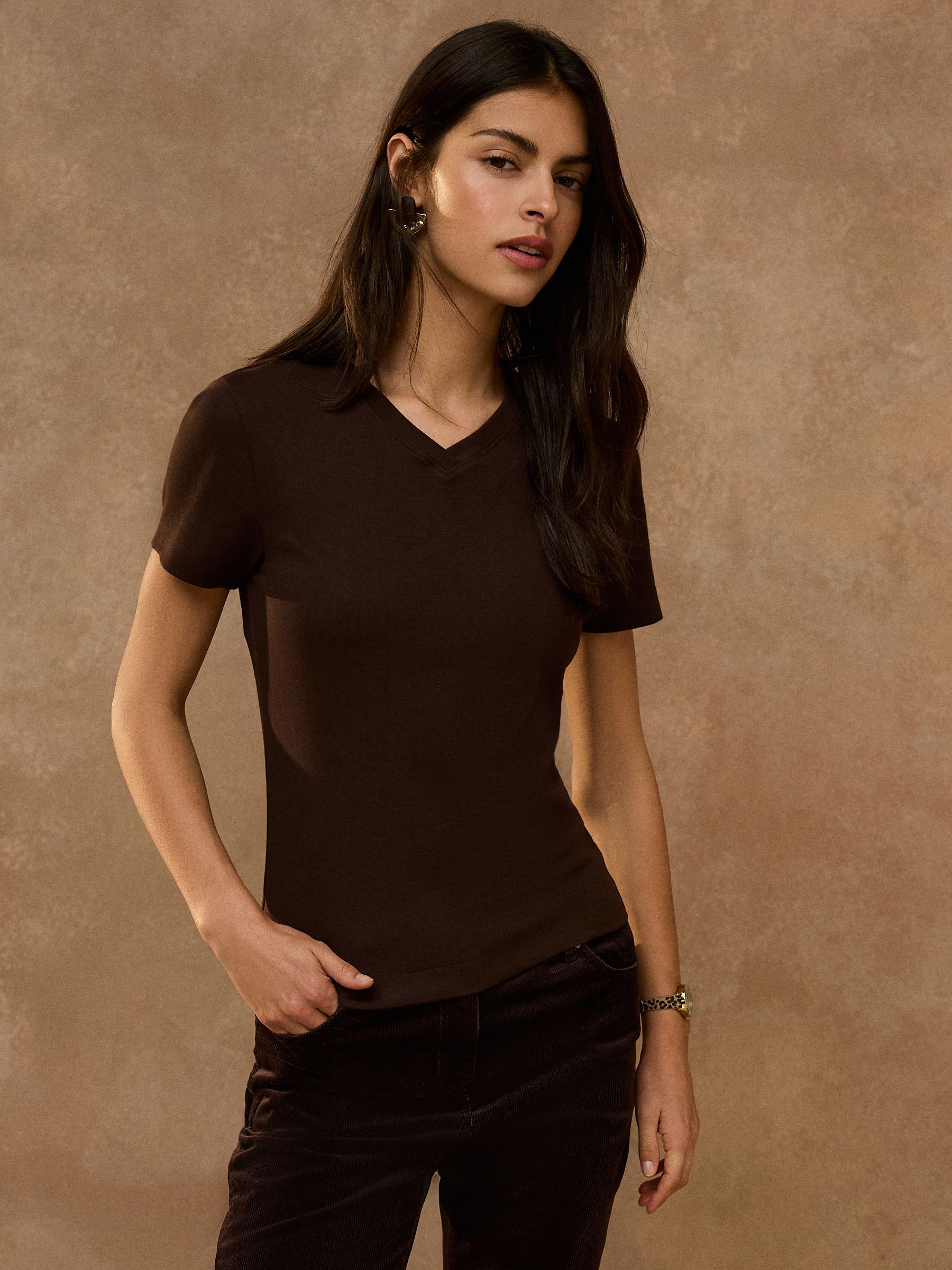 Buy Chocolate Brown High Vee Fitted T-Shirt from Next USA