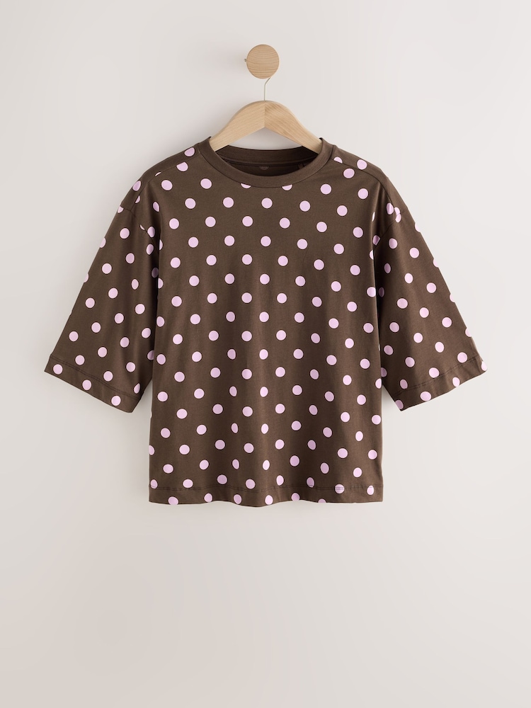 Brown Polka Dot Boxy Elbow Sleeve Crew Neck T-Shirt - Image 1 of 3 Brown Polka Dot Boxy Elbow Sleeve Crew Neck T-Shirt - Image 1 of 3