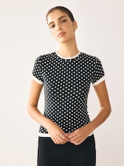 Black/White Polka Dot Short Sleeve Layered Crew Neck T-Shirt - Image 2 of 8