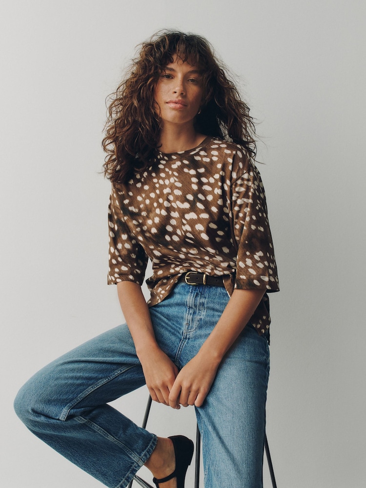 Deer Print Boxy Elbow Sleeve Crew Neck T-Shirt - Image 1 of 5 Deer Print Boxy Elbow Sleeve Crew Neck T-Shirt - Image 1 of 5