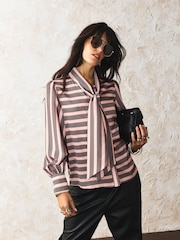 Rockett St George Pink Stripe Button Down Tie Neck Blouse - Image 1 of 5