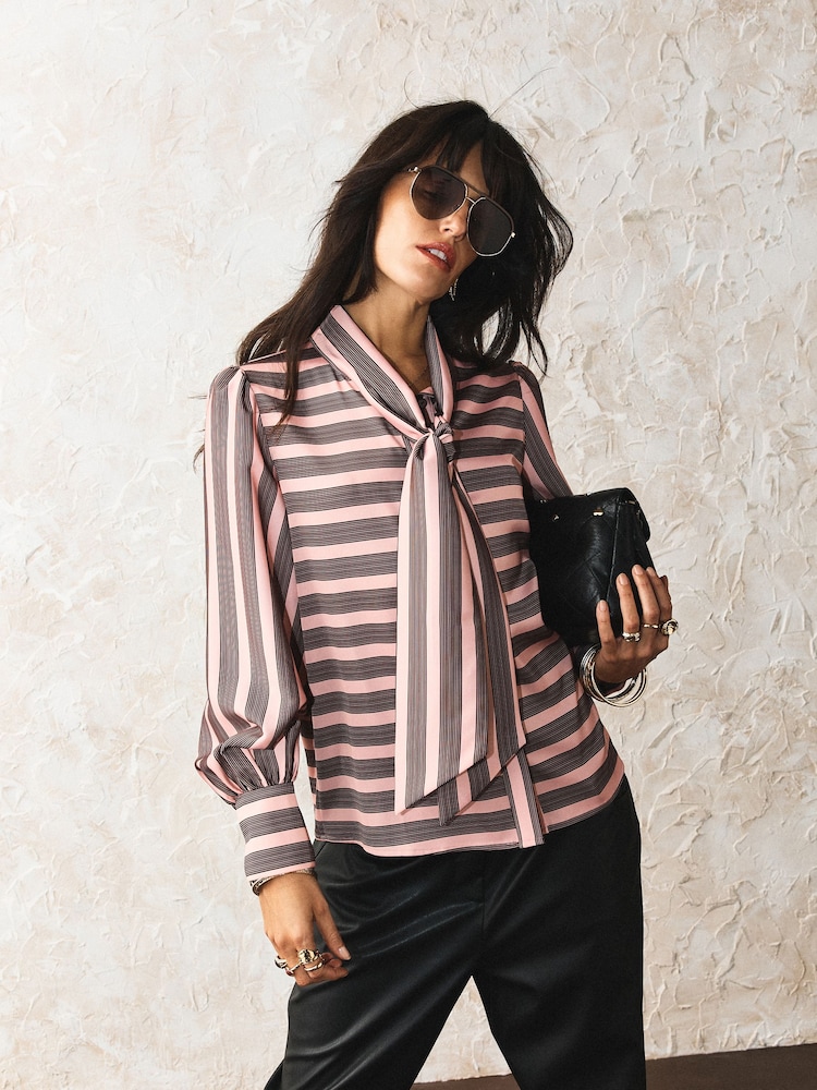Rockett St George Pink Stripe Button Down Tie Neck Blouse - Image 1 of 5 Rockett St George Pink Stripe Button Down Tie Neck Blouse - Image 1 of 5