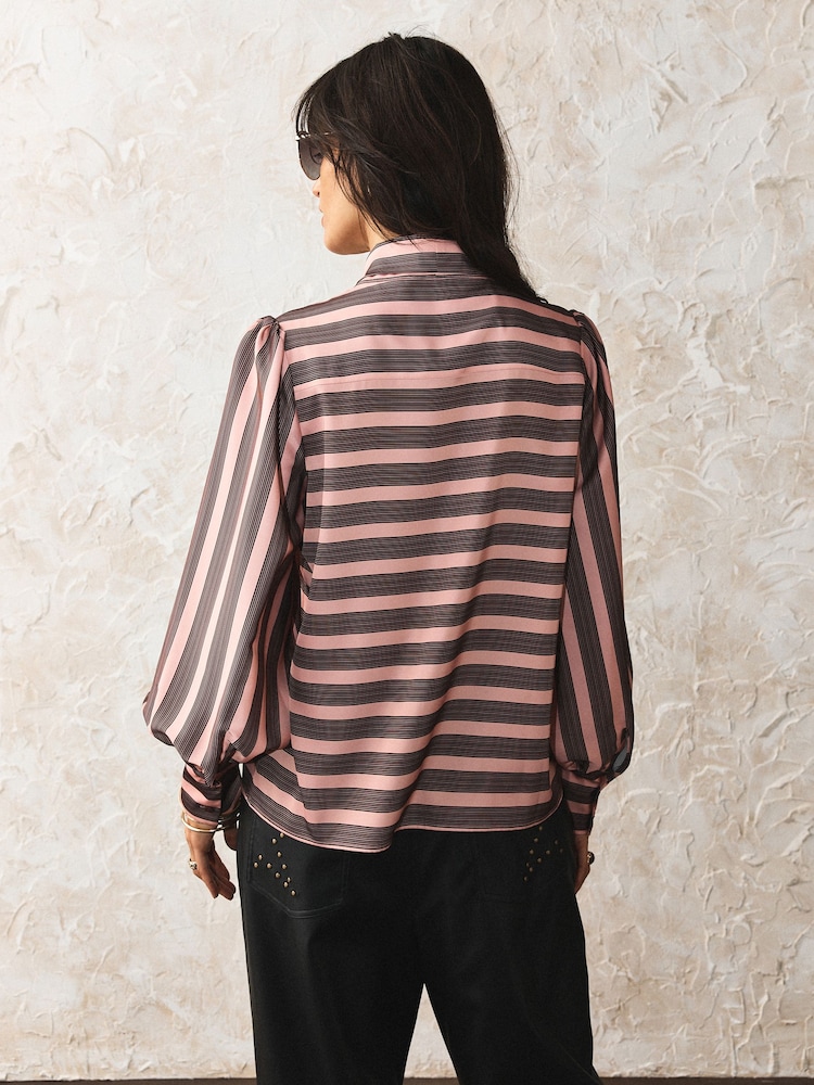 Rockett St George Pink Stripe Button Down Tie Neck Blouse - Image 2 of 5 Rockett St George Pink Stripe Button Down Tie Neck Blouse - Image 2 of 5