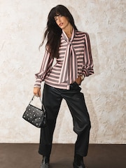 Rockett St George Pink Stripe Button Down Tie Neck Blouse - Image 3 of 5