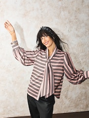 Rockett St George Pink Stripe Button Down Tie Neck Blouse - Image 4 of 5