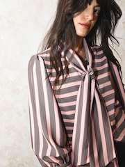 Rockett St George Pink Stripe Button Down Tie Neck Blouse - Image 5 of 5
