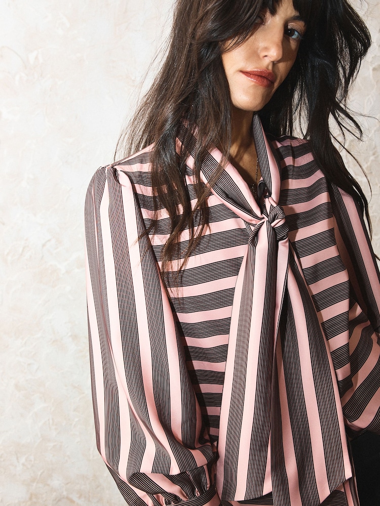 Rockett St George Pink Stripe Button Down Tie Neck Blouse - Image 5 of 5 Rockett St George Pink Stripe Button Down Tie Neck Blouse - Image 5 of 5