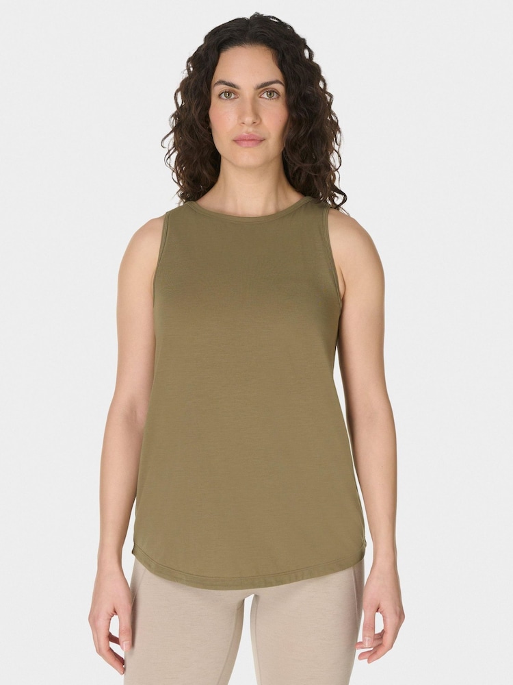 Sweaty Betty Green Soft Flow Studio Open Back Tank Top - Image 1 of 6