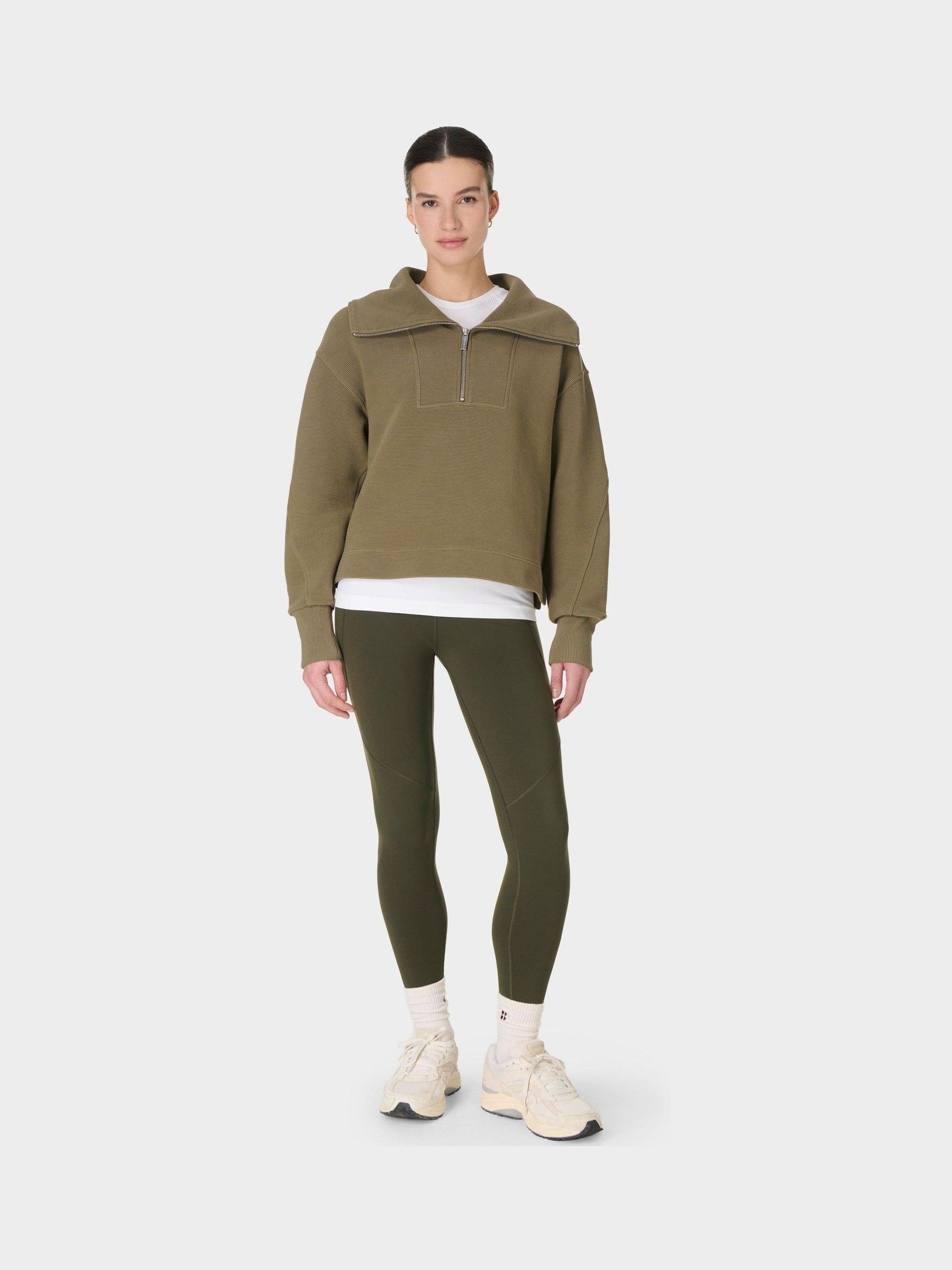 Buy Sweaty Betty Green Peaceful Rib Half Zip Cropped Sweat Top