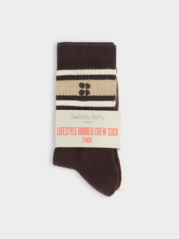 Sweaty Betty Brown Lifestyle Ribbed Crew Socks 2 Pack - Image 2 of 3 Sweaty Betty Brown Lifestyle Ribbed Crew Socks 2 Pack - Image 2 of 3