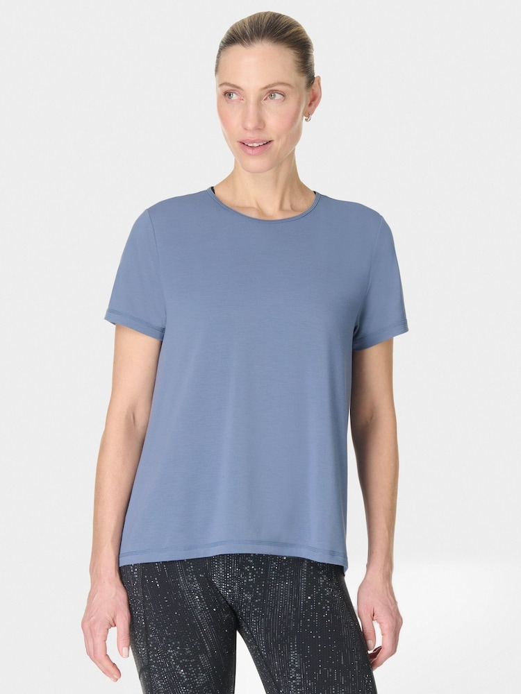 Sweaty Betty Blue Breathe Easy Textured Pleat Back T-Shirt - Image 1 of 7