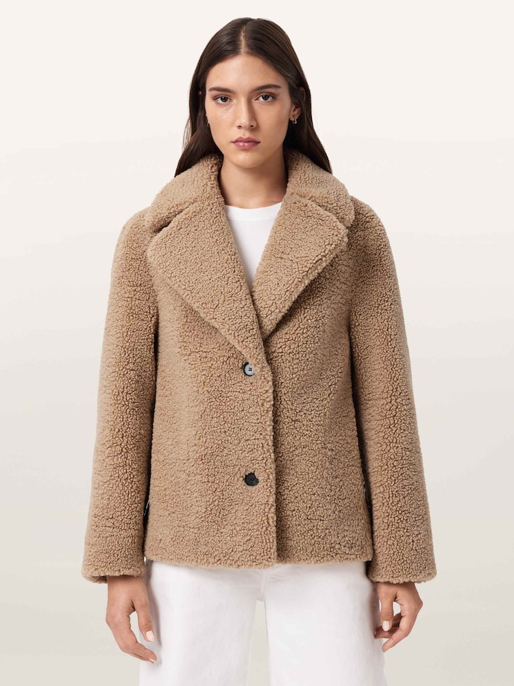 AllSaints Brown Eddie Faux Teddy Coat - Image 1 of 6