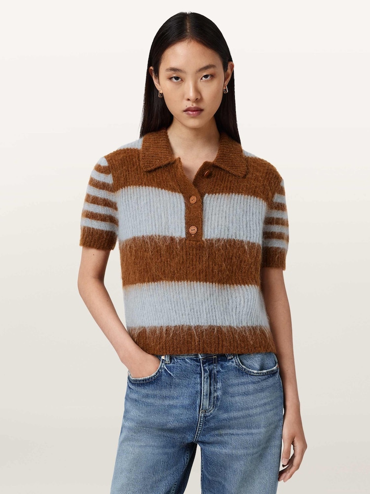 AllSaints Blue Clem Polo T-Shirt - Image 1 of 7