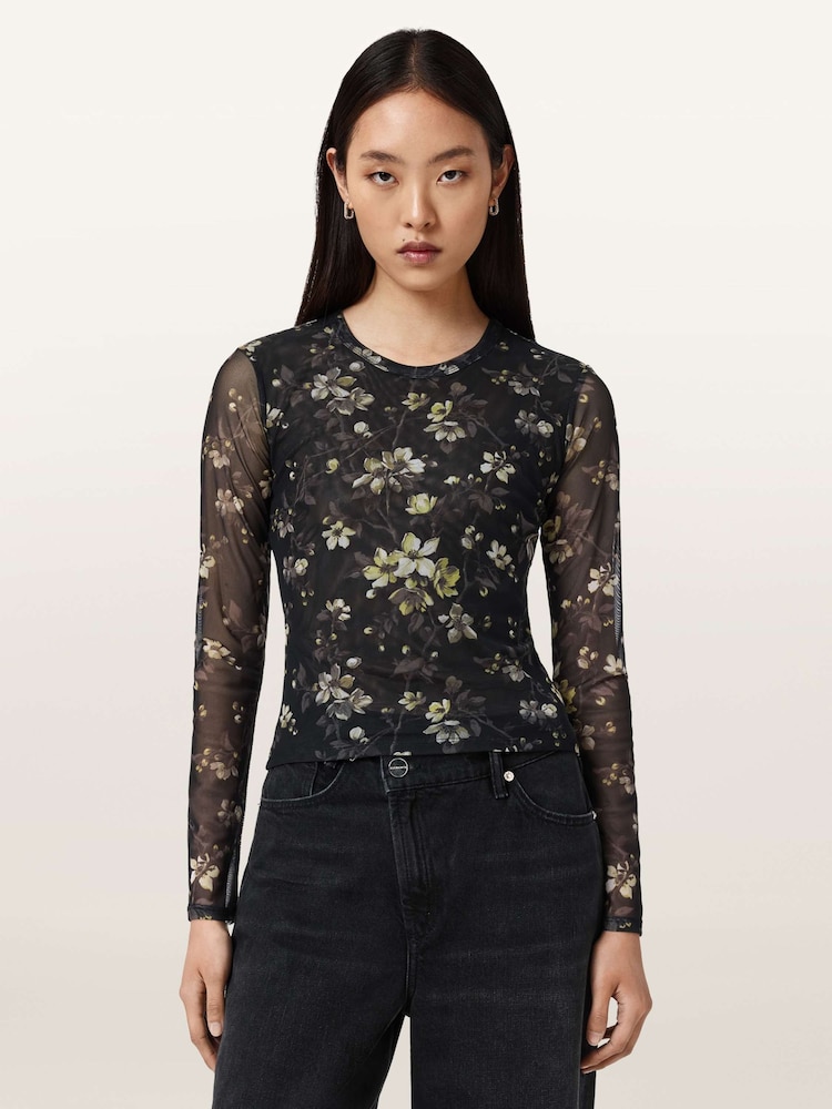 AllSaints Black Ellie Mesh Long Sleeve T-Shirt - Image 1 of 9