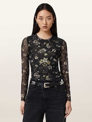 AllSaints Black Ellie Mesh Long Sleeve T-Shirt - Image 3 of 9