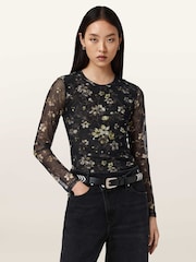AllSaints Black Ellie Mesh Long Sleeve T-Shirt - Image 8 of 9