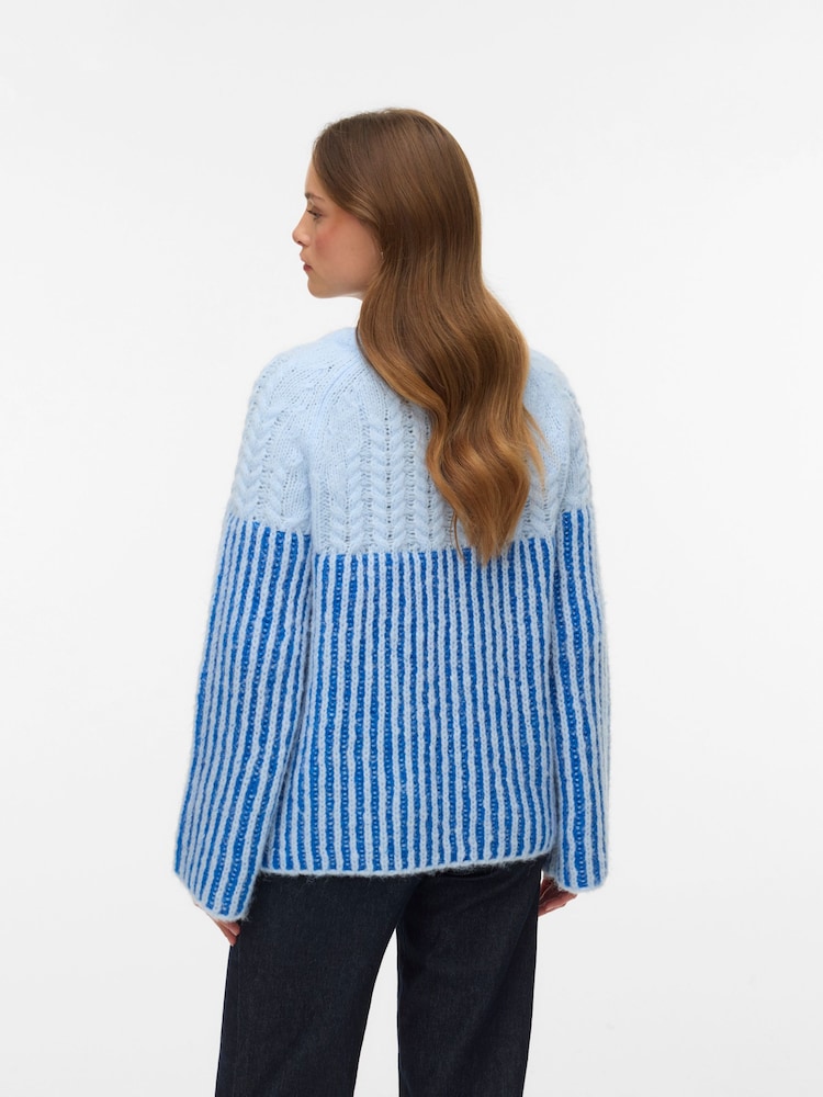 VERO MODA Blue Stripe Textured Flare Sleeve Jumper - Image 2 of 5 VERO MODA Blue Stripe Textured Flare Sleeve Jumper - Image 2 of 5
