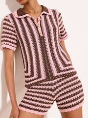 Lipsy Pink Chocolate Brown Stripe Scallop Detail Polo Top - Image 2 of 4