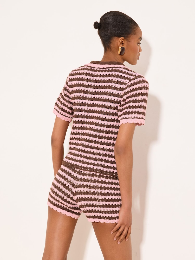 Lipsy Pink Chocolate Brown Stripe Scallop Detail Polo Top - Image 4 of 4