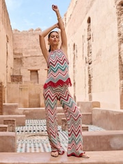 Lipsy Green Petite Zig Zag Crochet Wide Leg Trousers - Image 3 of 4