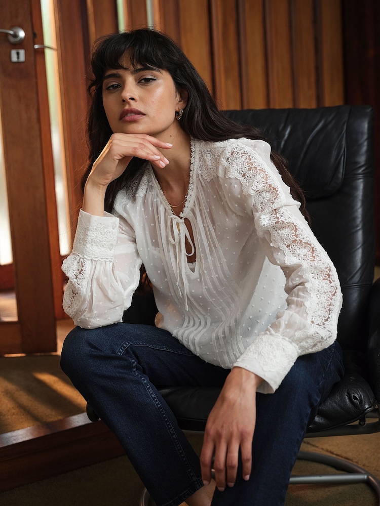 FatFace Florence Ivory Sheer Dobby Lace Trim Blouse - Image 1 of 6 FatFace Florence Ivory Sheer Dobby Lace Trim Blouse - Image 1 of 6