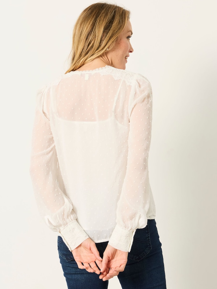 FatFace Florence Ivory Petite Sheer Dobby Lace Trim Blouse - Image 2 of 5 FatFace Florence Ivory Petite Sheer Dobby Lace Trim Blouse - Image 2 of 5