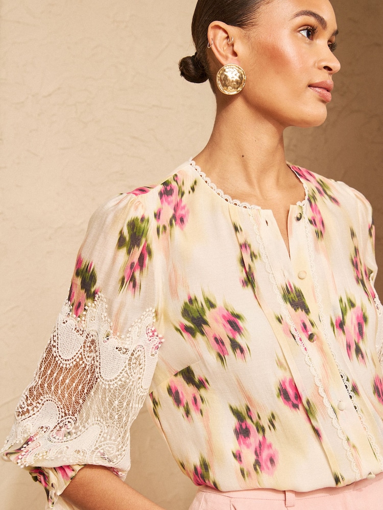 Love & Roses Blurred Floral Print Lace Long Sleeve Button Front Blouse - Image 1 of 4