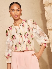 Love & Roses Blurred Floral Print Lace Long Sleeve Button Front Blouse - Image 2 of 4
