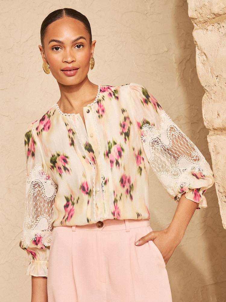 Love & Roses Blurred Floral Print Lace Long Sleeve Button Front Blouse - Image 2 of 4