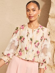 Love & Roses Blurred Floral Print Lace Long Sleeve Button Front Blouse - Image 4 of 4