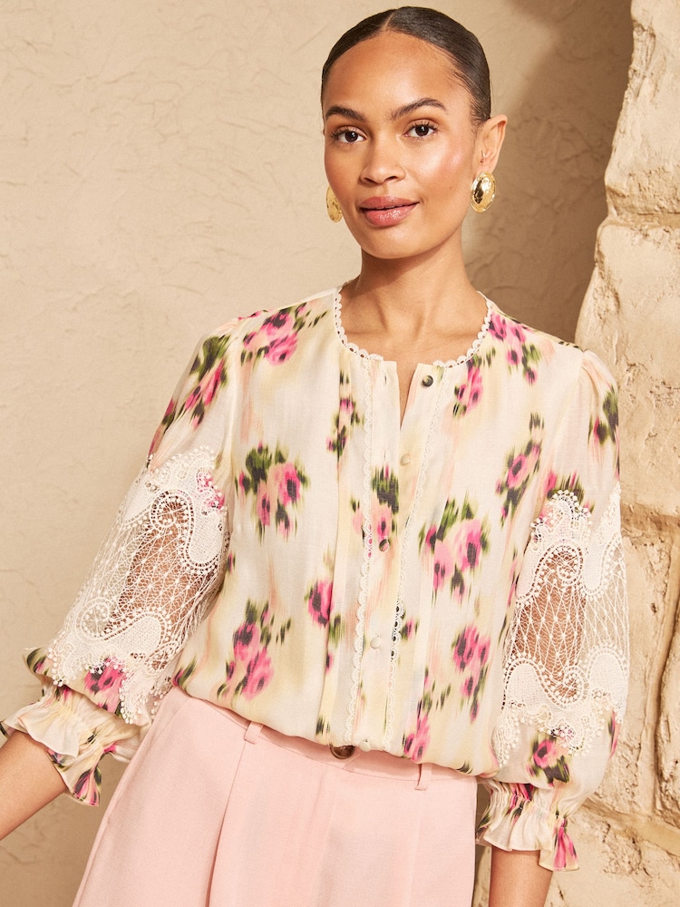Love & Roses Blurred Floral Print Lace Long Sleeve Button Front Blouse - Image 4 of 4