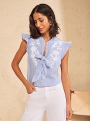 Love & Roses Blue Embroidered Pussybow Stripe Flutter Sleeve Blouse - Image 1 of 4