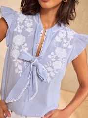 Love & Roses Blue Embroidered Pussybow Stripe Flutter Sleeve Blouse - Image 3 of 4