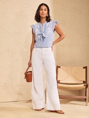 Love & Roses Blue Embroidered Pussybow Stripe Flutter Sleeve Blouse - Image 4 of 4