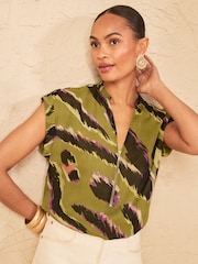 Love & Roses Olive Green Animal Roll Sleeve Zip Front Blouse - Image 4 of 4
