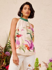 Love & Roses X V&A Ivory Petite Placement Print Halter Neck Top - Image 1 of 5