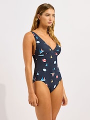 Seafolly Blue Beach Club Deep V-Neck One Piece Swimsuit - Image 1 of 5