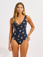 Seafolly Blue Beach Club Deep V-Neck One Piece Swimsuit - Image 3 of 5